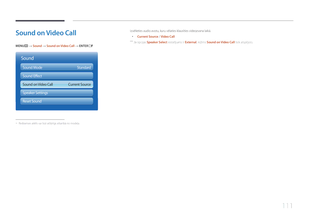 Samsung LH95MECPLBC/EN manual 111, MENUm → Sound → Sound on Video Call → Entere, Current Source / Video Call 