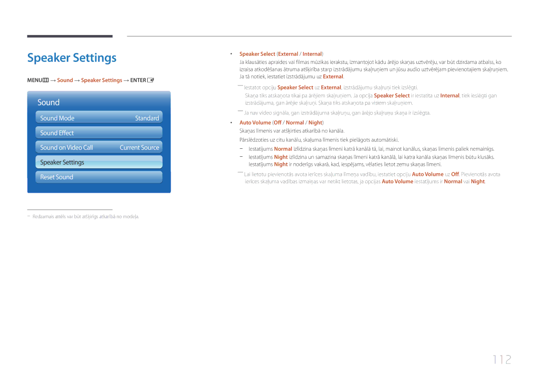 Samsung LH95MECPLBC/EN manual 112, MENUm → Sound → Speaker Settings → Entere, Speaker Select External / Internal 