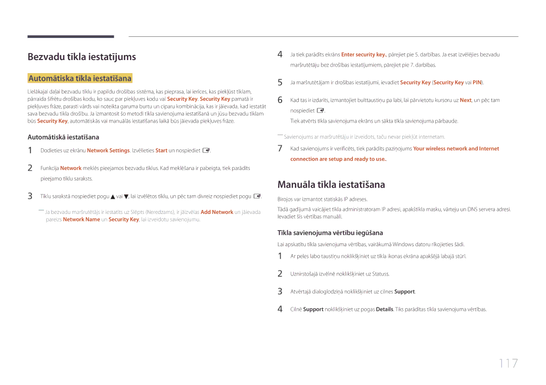 Samsung LH95MECPLBC/EN manual 117, Bezvadu tīkla iestatījums, Manuāla tīkla iestatīšana, Automātiska tīkla iestatīšana 