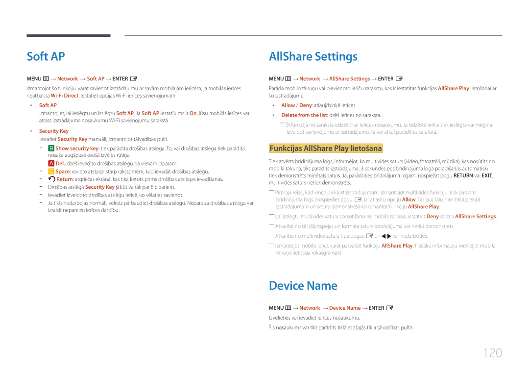 Samsung LH95MECPLBC/EN manual Soft AP, AllShare Settings, Device Name, 120, Funkcijas AllShare Play lietošana 