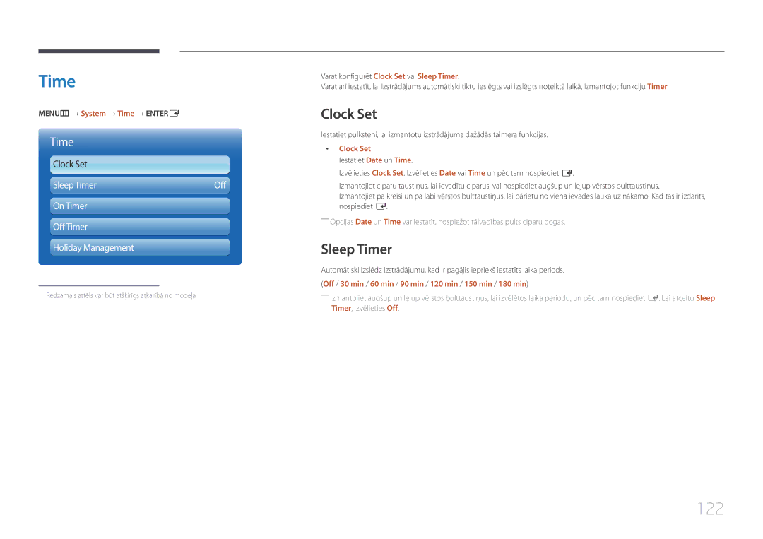 Samsung LH95MECPLBC/EN manual 122, Clock Set, Sleep Timer 