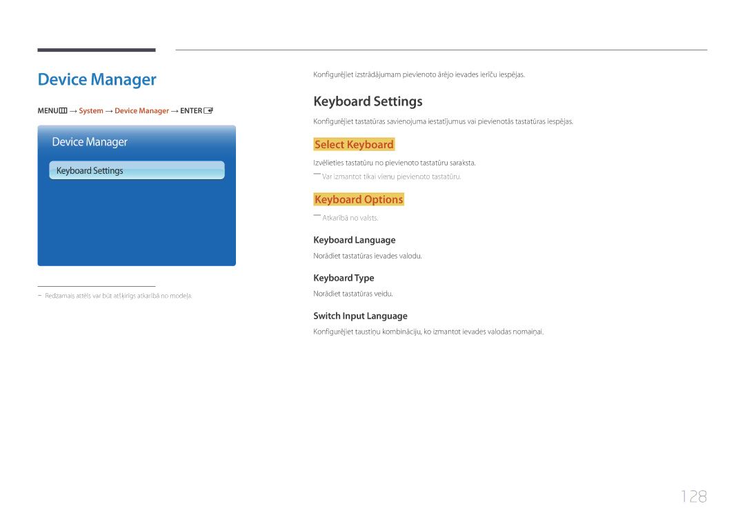 Samsung LH95MECPLBC/EN manual 128, Keyboard Settings, MENUm → System → Device Manager → Entere 