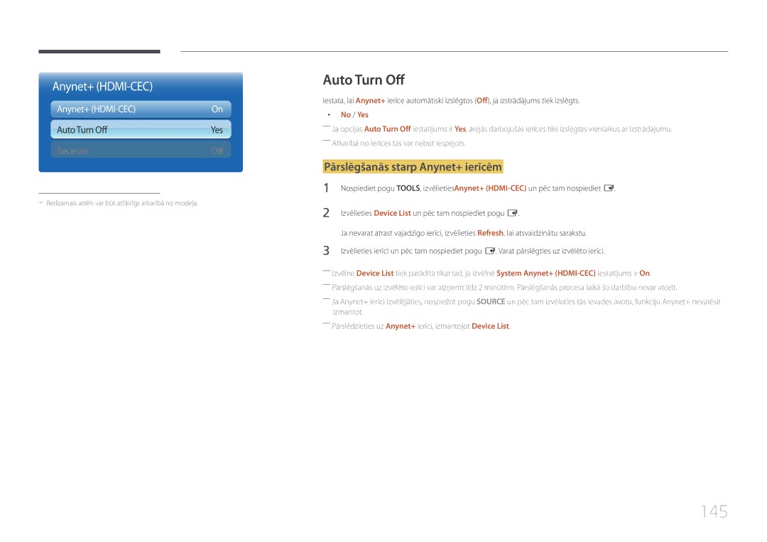 Samsung LH95MECPLBC/EN manual 145, Auto Turn Off, Pārslēgšanās starp Anynet+ ierīcēm, No / Yes 