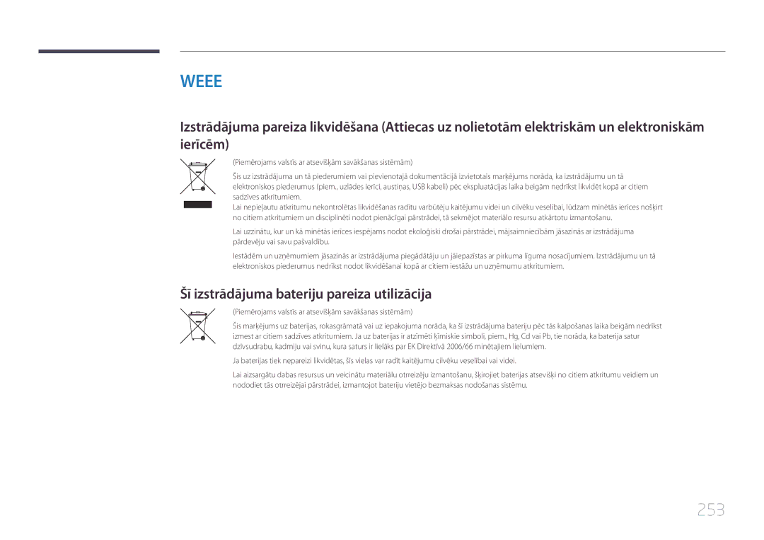 Samsung LH95MECPLBC/EN manual 253, Šī izstrādājuma bateriju pareiza utilizācija 