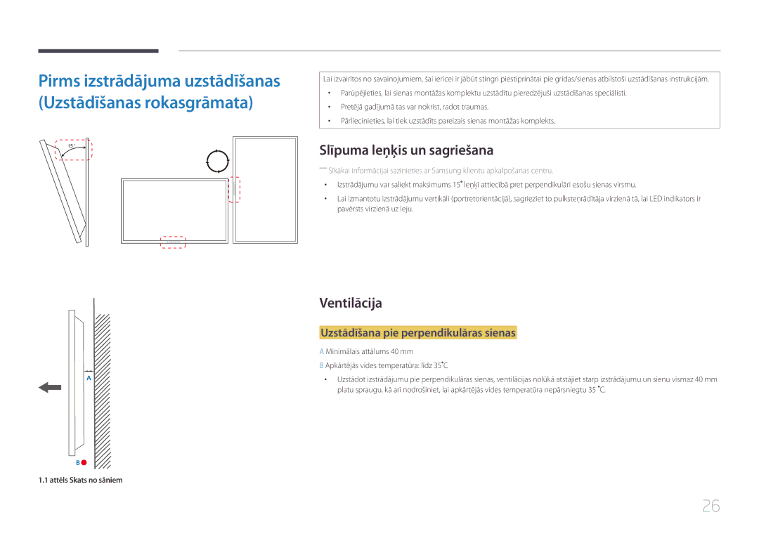 Samsung LH95MECPLBC/EN manual Slīpuma leņķis un sagriešana, Ventilācija, Uzstādīšana pie perpendikulāras sienas 