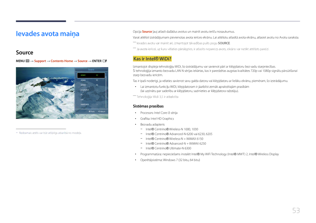 Samsung LH95MECPLBC/EN manual Ievades avota maiņa, Source, Kas ir Intel WiDi? 