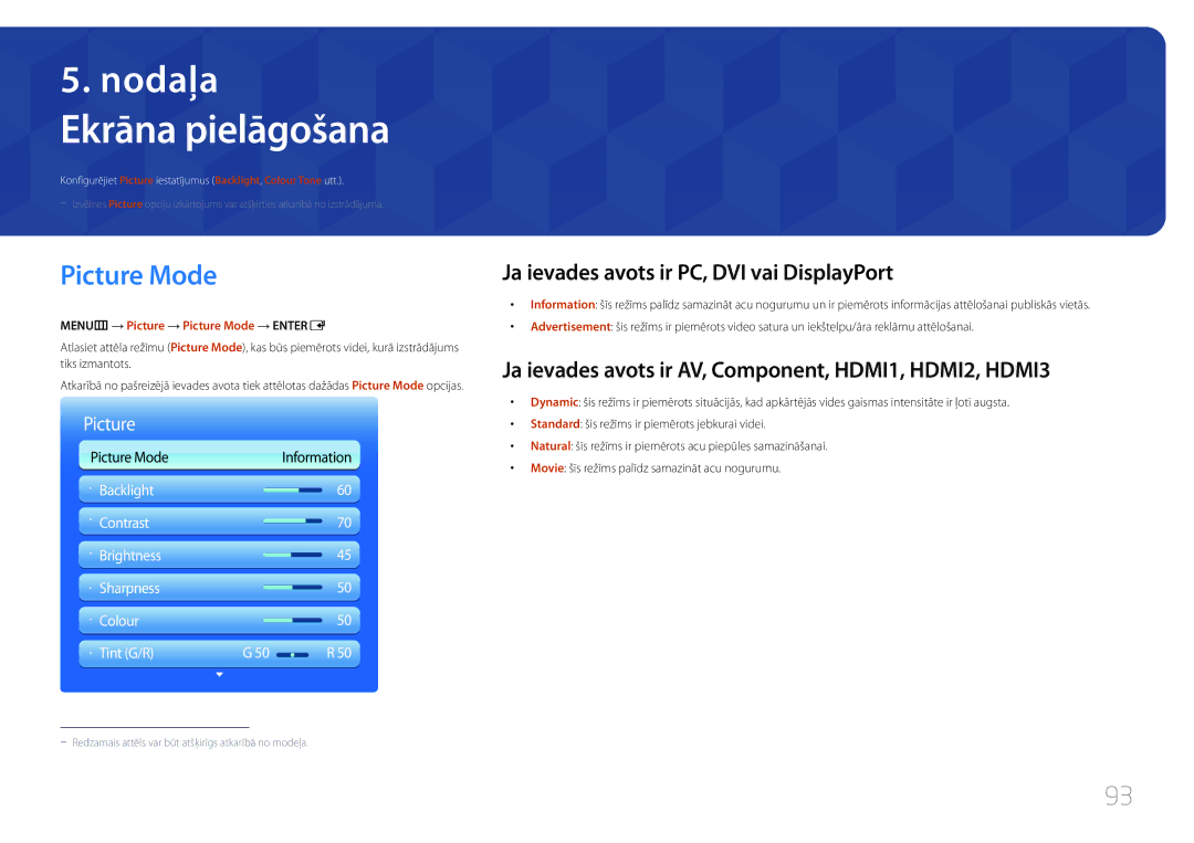 Samsung LH95MECPLBC/EN manual Ekrāna pielāgošana, Picture Mode, Ja ievades avots ir PC, DVI vai DisplayPort 