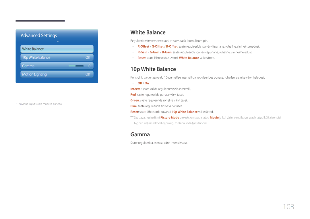 Samsung LH95MECPLBC/EN manual 103, 10p White Balance, Gamma, Off / On 