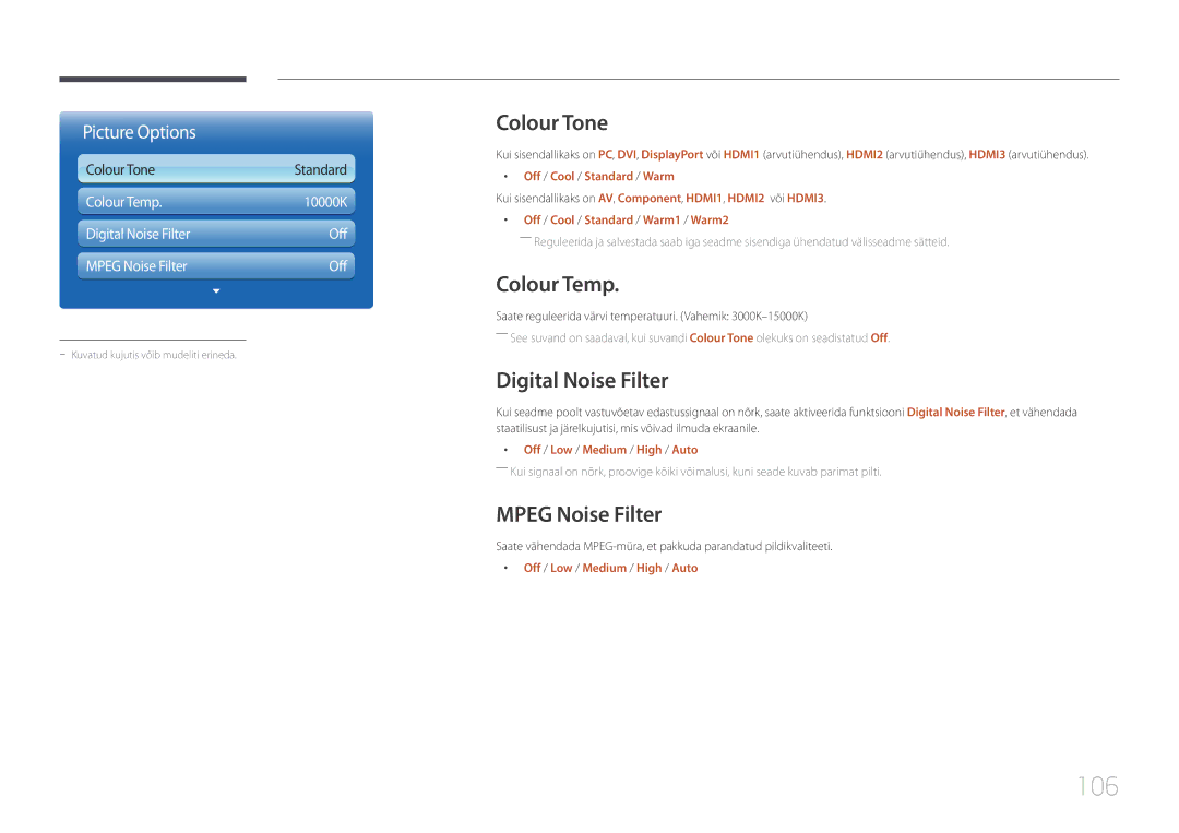 Samsung LH95MECPLBC/EN manual 106, Colour Tone, Colour Temp, Digital Noise Filter, Mpeg Noise Filter 