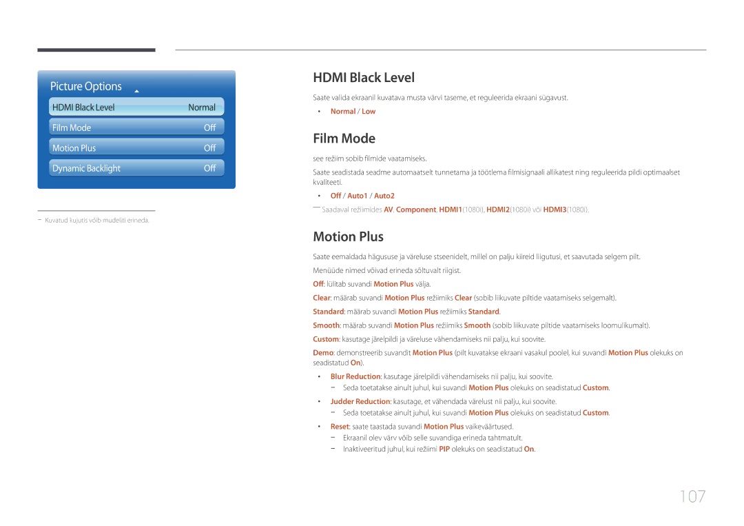 Samsung LH95MECPLBC/EN manual 107, Hdmi Black Level, Film Mode, Motion Plus 