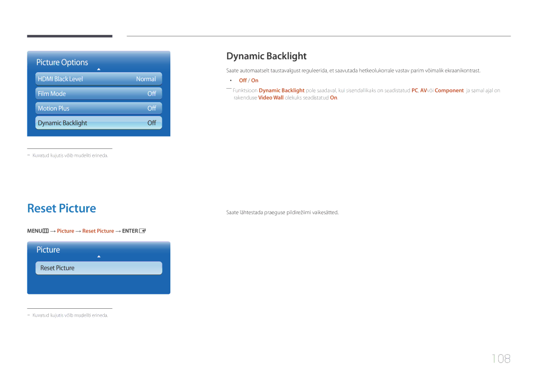 Samsung LH95MECPLBC/EN manual 108, Dynamic Backlight, MENUm → Picture → Reset Picture → Entere 