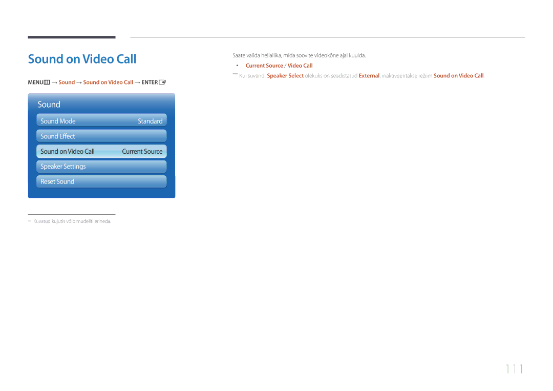 Samsung LH95MECPLBC/EN manual 111, MENUm → Sound → Sound on Video Call → Entere, Current Source / Video Call 