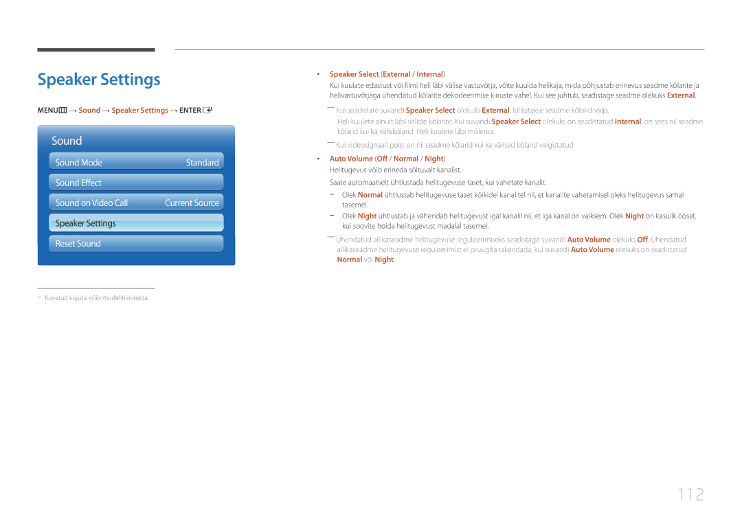 Samsung LH95MECPLBC/EN manual 112, MENUm → Sound → Speaker Settings → Entere, Speaker Select External / Internal 