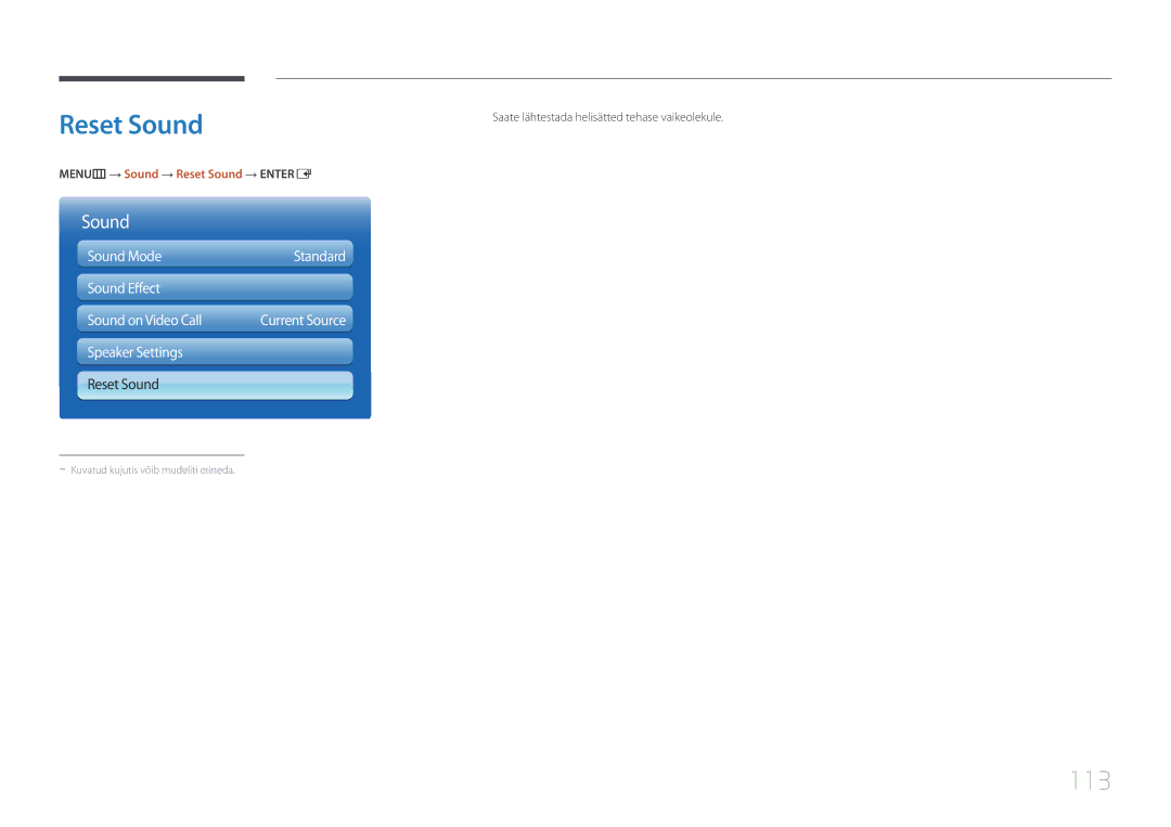 Samsung LH95MECPLBC/EN manual Reset Sound, 113, Saate lähtestada helisätted tehase vaikeolekule 