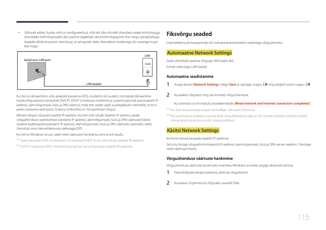 Samsung LH95MECPLBC/EN manual 115, Fiksvõrgu seaded, Automaatne Network Settings, Käsitsi Network Settings 