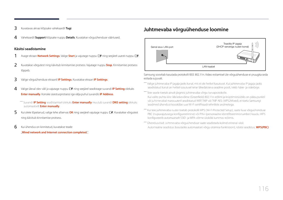 Samsung LH95MECPLBC/EN manual 116, Juhtmevaba võrguühenduse loomine, „Wired network and Internet connection completed 