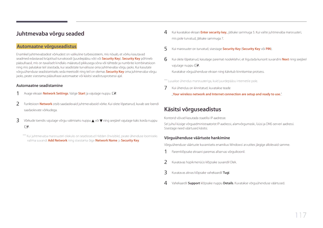 Samsung LH95MECPLBC/EN manual 117, Juhtmevaba võrgu seaded, Käsitsi võrguseadistus, Automaatne võrguseadistus 