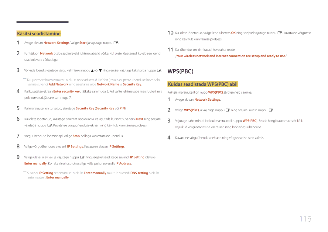 Samsung LH95MECPLBC/EN manual 118, Käsitsi seadistamine, Kuidas seadistada Wpspbc abil, Avage ekraan Network Settings 