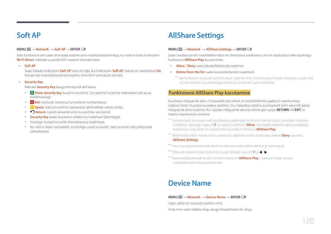 Samsung LH95MECPLBC/EN manual Soft AP, Device Name, 120, Funktsiooni AllShare Play kasutamine 
