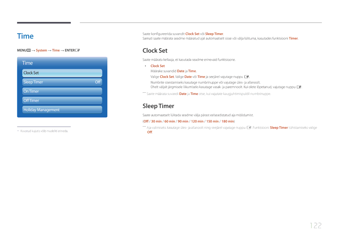 Samsung LH95MECPLBC/EN manual 122, Clock Set, Sleep Timer 