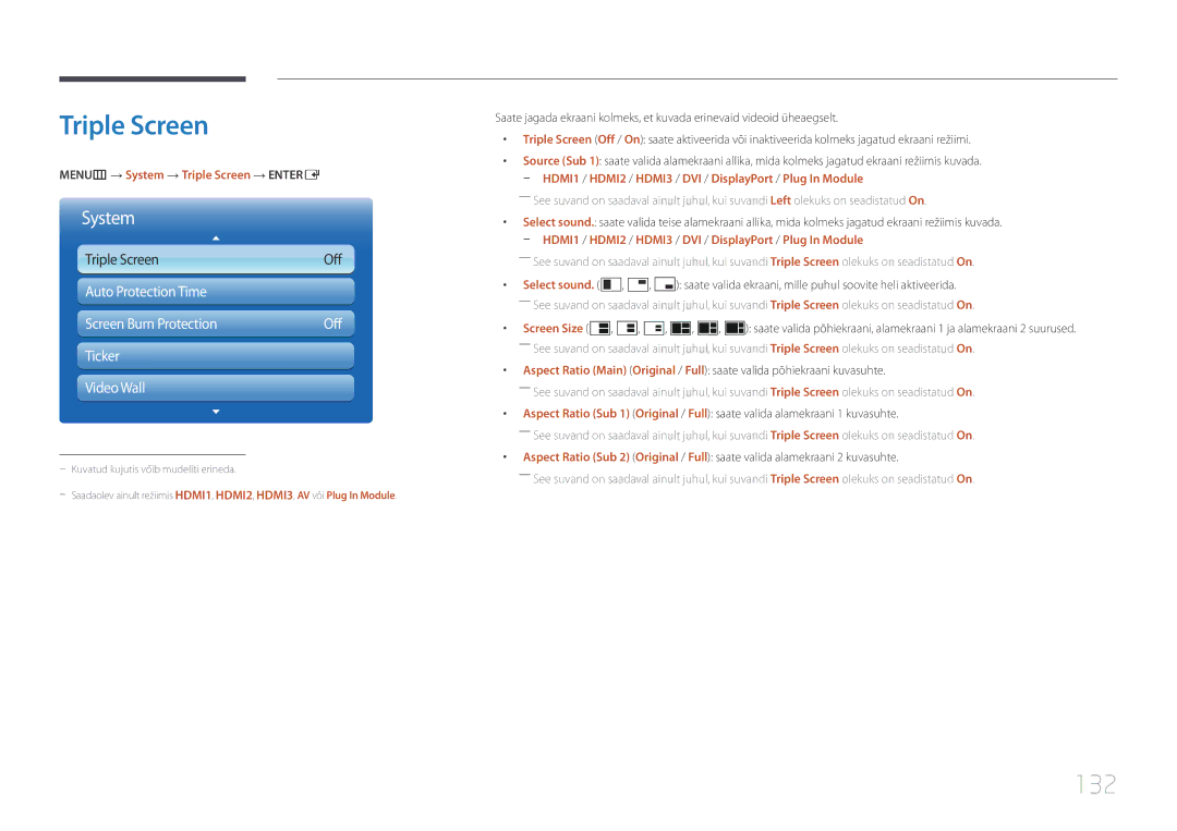 Samsung LH95MECPLBC/EN manual 132, MENUm → System → Triple Screen → Entere 