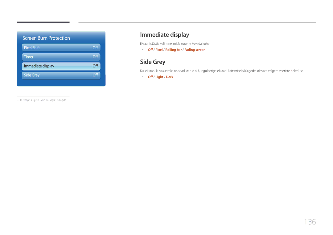 Samsung LH95MECPLBC/EN manual 136, Immediate display, Rolling bar / Fading screen, Off / Light / Dark 