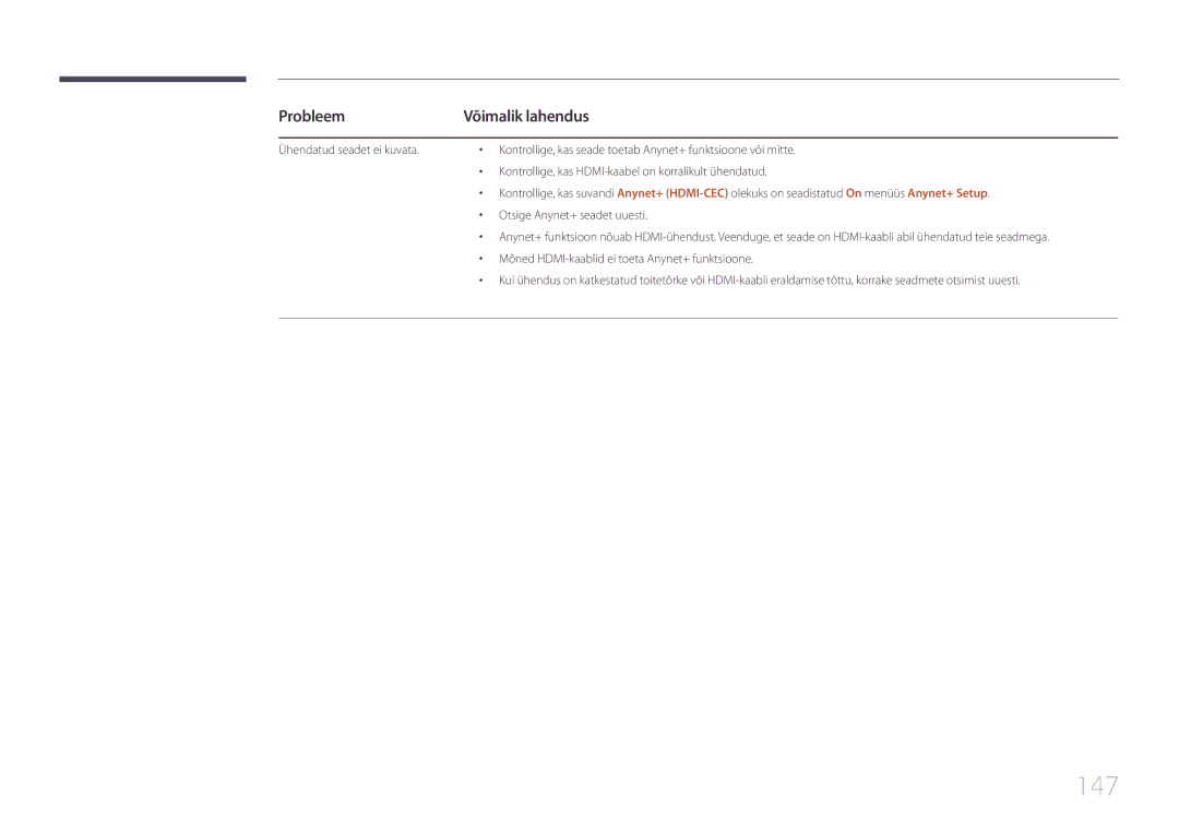 Samsung LH95MECPLBC/EN manual 147, Mõned HDMI-kaablid ei toeta Anynet+ funktsioone 