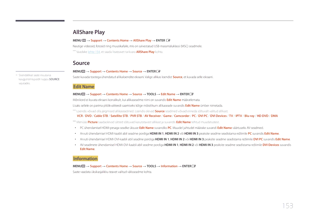 Samsung LH95MECPLBC/EN manual 153, AllShare Play, Edit Name, Information 
