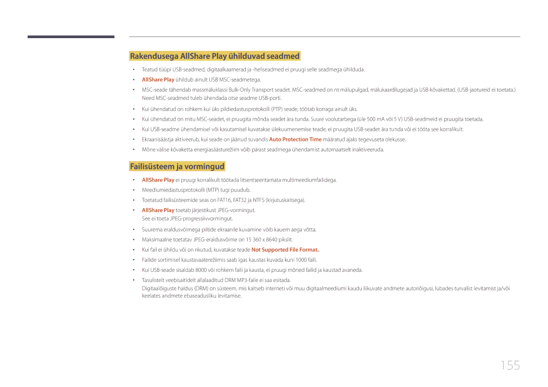 Samsung LH95MECPLBC/EN manual 155, Rakendusega AllShare Play ühilduvad seadmed, Failisüsteem ja vormingud 