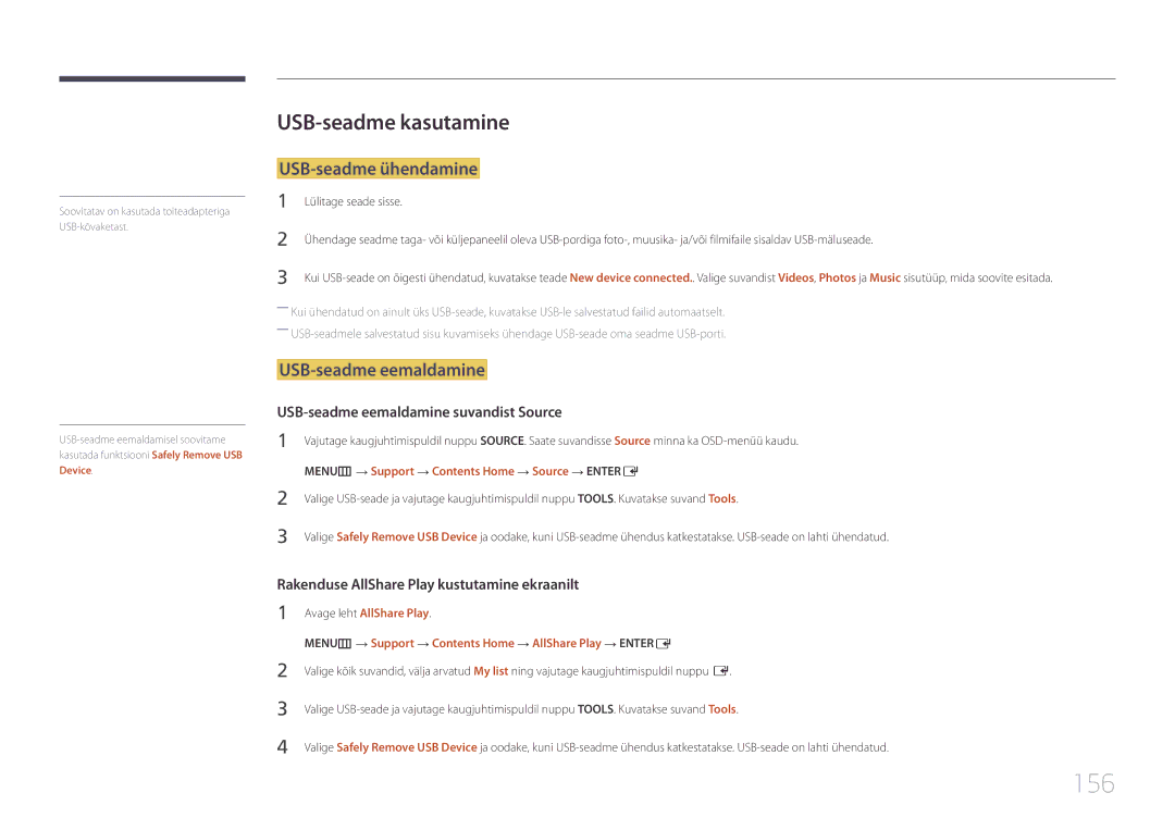 Samsung LH95MECPLBC/EN manual 156, USB-seadme kasutamine, USB-seadme ühendamine, USB-seadme eemaldamine 