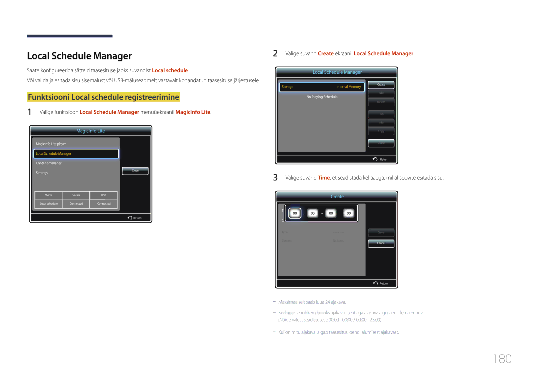 Samsung LH95MECPLBC/EN manual 180, Local Schedule Manager, Funktsiooni Local schedule registreerimine 