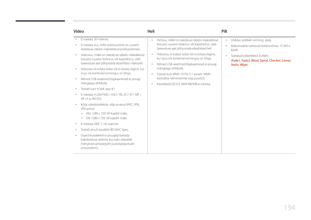 Samsung LH95MECPLBC/EN manual 194, Fade1, Fade2, Blind, Spiral, Checker, Linear, Stairs, Wipe 