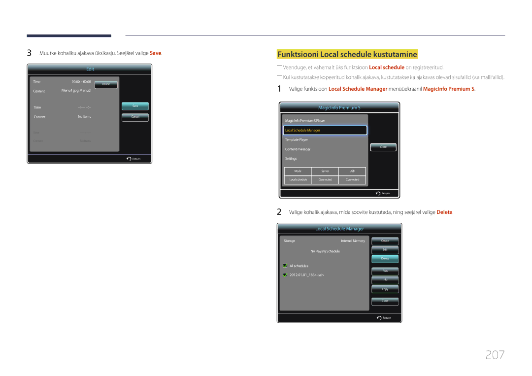 Samsung LH95MECPLBC/EN manual 207, Funktsiooni Local schedule kustutamine 