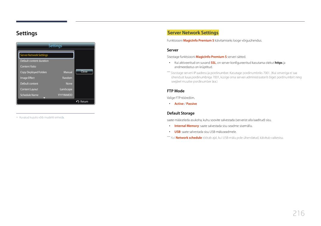 Samsung LH95MECPLBC/EN manual 216, Settings 