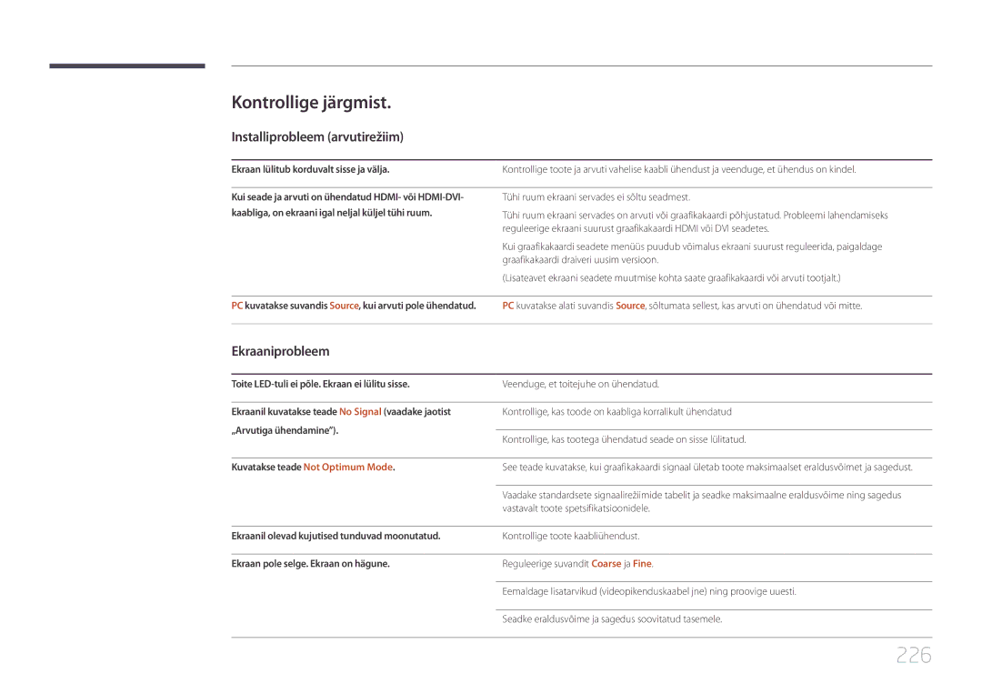 Samsung LH95MECPLBC/EN manual 226, Kontrollige järgmist, Installiprobleem arvutirežiim, Ekraaniprobleem 