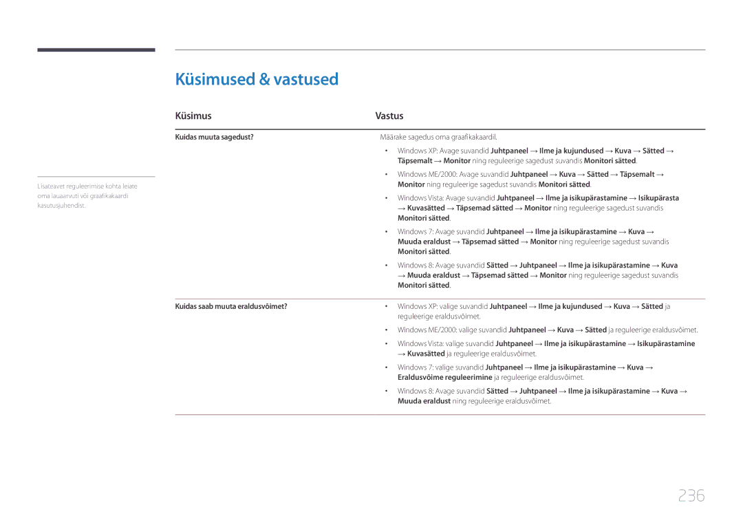 Samsung LH95MECPLBC/EN manual Küsimused & vastused, 236, Küsimus Vastus, Kuidas muuta sagedust?, Monitori sätted 