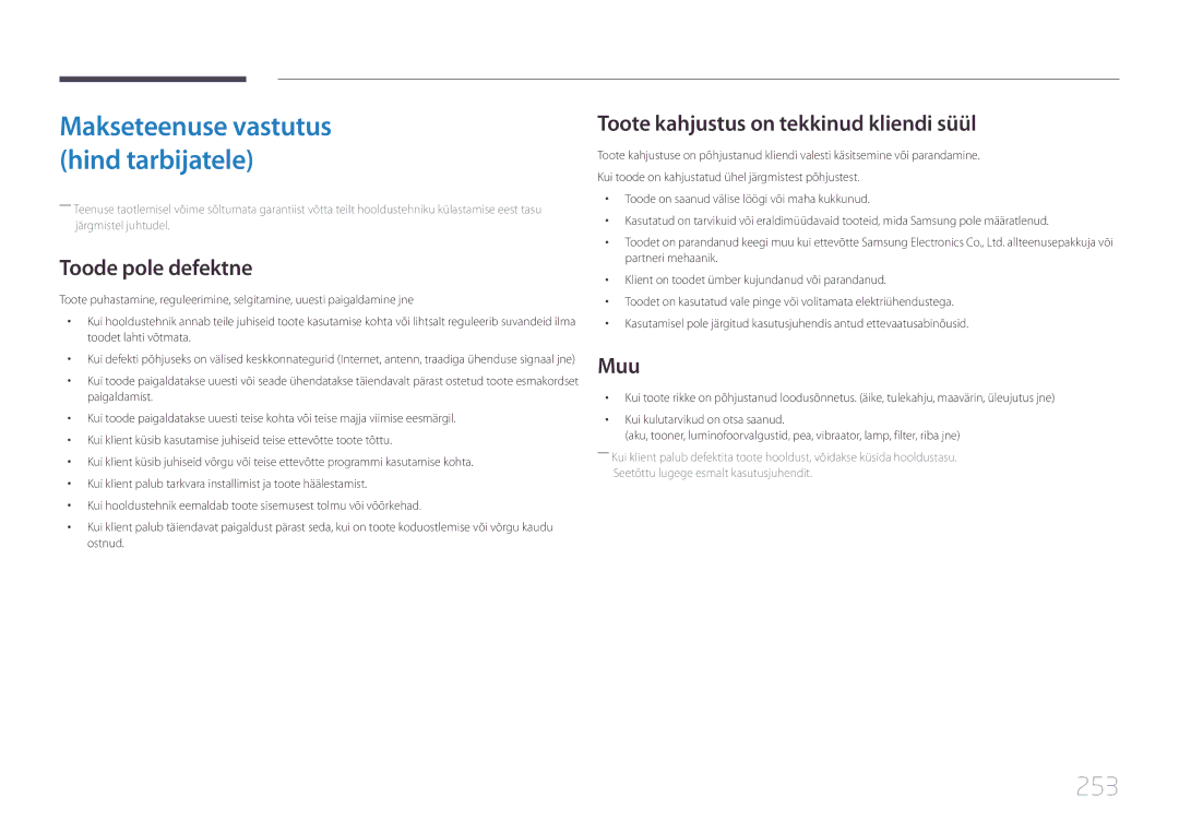 Samsung LH95MECPLBC/EN manual 253, Toode pole defektne, Toote kahjustus on tekkinud kliendi süül, Muu 