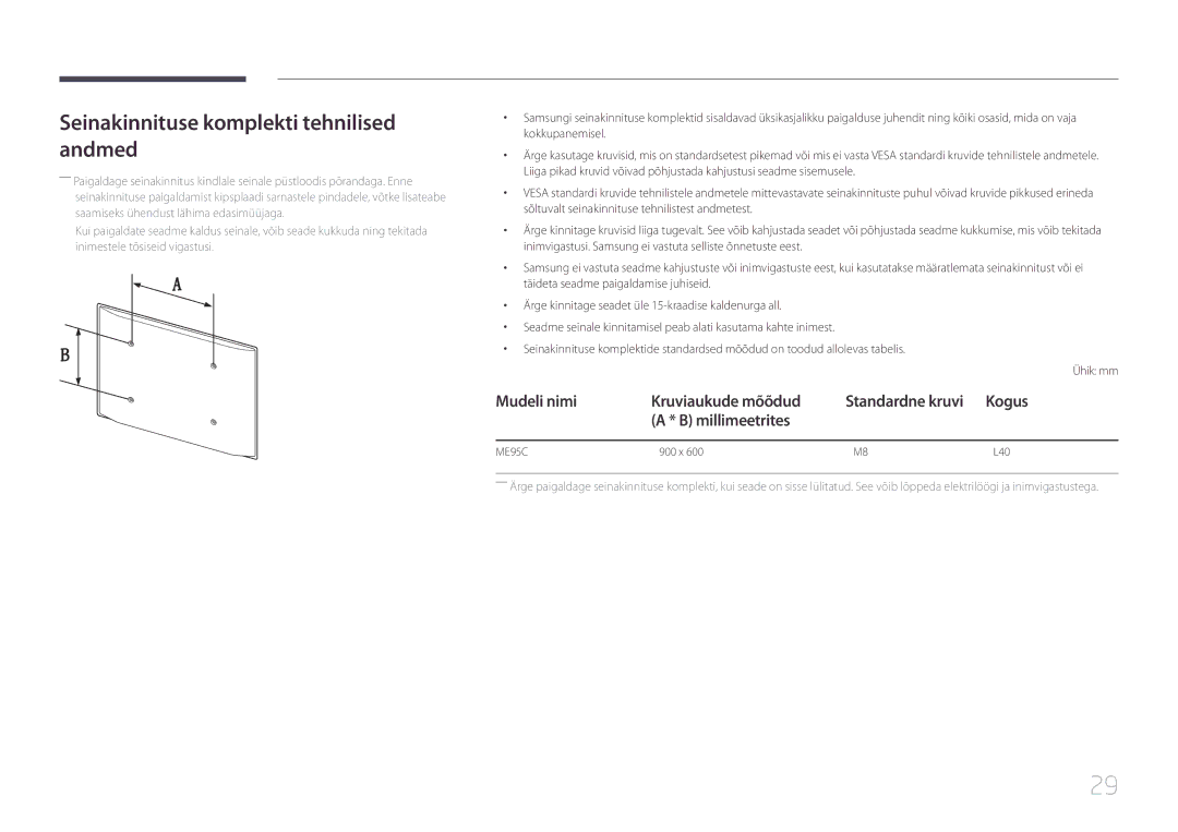 Samsung LH95MECPLBC/EN manual Seinakinnituse komplekti tehnilised andmed, ME95C 