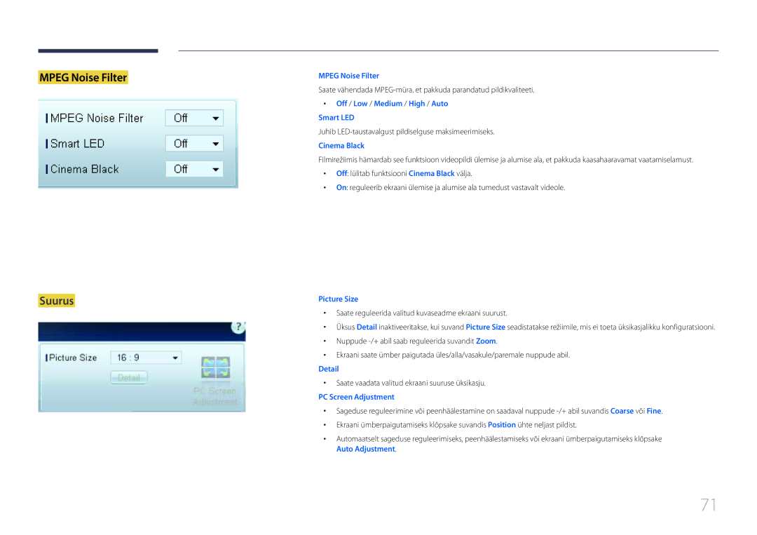 Samsung LH95MECPLBC/EN manual Suurus, Juhib LED-taustavalgust pildiselguse maksimeerimiseks 