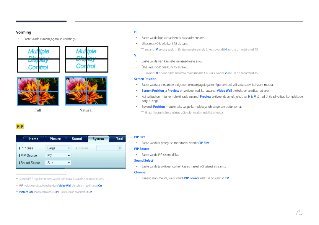 Samsung LH95MECPLBC/EN manual Saate valida ekraani jagamise vormingu, Saate vaadata praeguse monitori suvandit PIP Size 