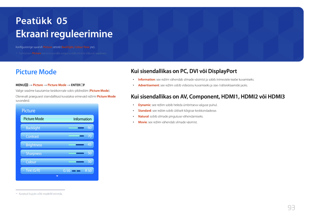 Samsung LH95MECPLBC/EN manual Ekraani reguleerimine, Picture Mode, Kui sisendallikas on PC, DVI või DisplayPort 