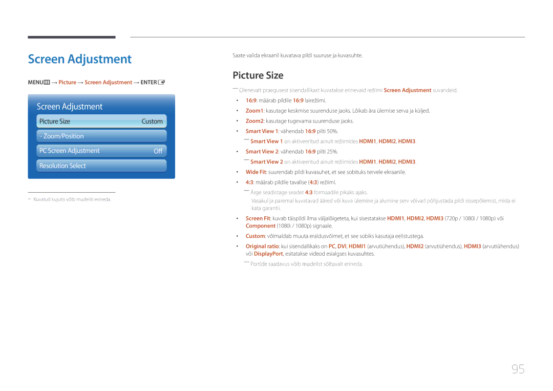 Samsung LH95MECPLBC/EN manual Picture Size, MENUm → Picture → Screen Adjustment → Entere 