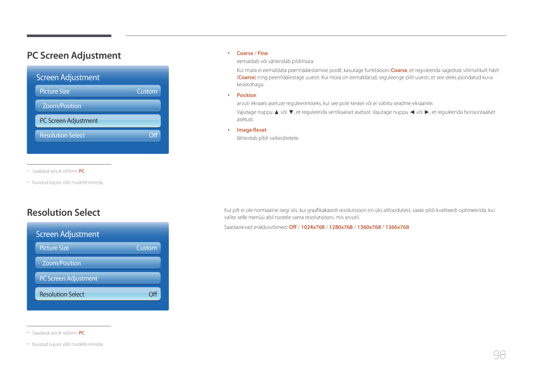 Samsung LH95MECPLBC/EN manual PC Screen Adjustment, Resolution Select, Coarse / Fine, Position, Image Reset 