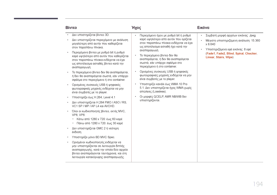 Samsung LH95MECPLBC/EN manual 194, Fade1, Fade2, Blind, Spiral, Checker, Linear, Stairs, Wipe 