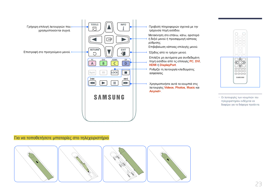 Samsung LH95MECPLBC/EN manual Για να τοποθετήσετε μπαταρίες στο τηλεχειριστήριο, Anynet+ 