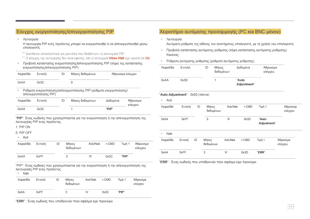 Samsung LH95MECPLBC/EN manual Έλεγχος ενεργοποίησης/απενεργοποίησης PIP, Χειριστήριο αυτόματης προσαρμογής PC και BNC μόνον 