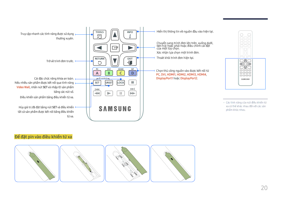 Samsung LH98QMFPLGC/XV, LH98QMFPBGC/XV Để đặt pin và̀o điề̀u khiển từ̀ xa, Thườ̀ng xuyên, DisplayPort1 hoặc DisplayPort2 