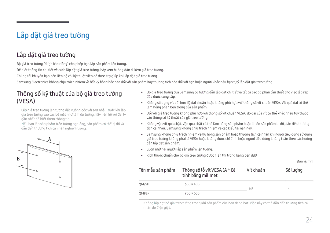 Samsung LH98QMFPBGC/XV, LH75QMFPLGC/XV manual Lăp đăt gia treo tường, Thông sô kỹ thuât của bộ gia treo tường Vesa 