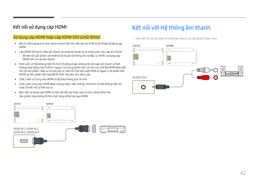 Samsung LH98QMFPBGC/XV, LH75QMFPLGC/XV manual Kêt nôi vơi Hê thông âm thanh, Sư dung cap Hdmi hoăc cap HDMI-DVI UHD 30Hz 