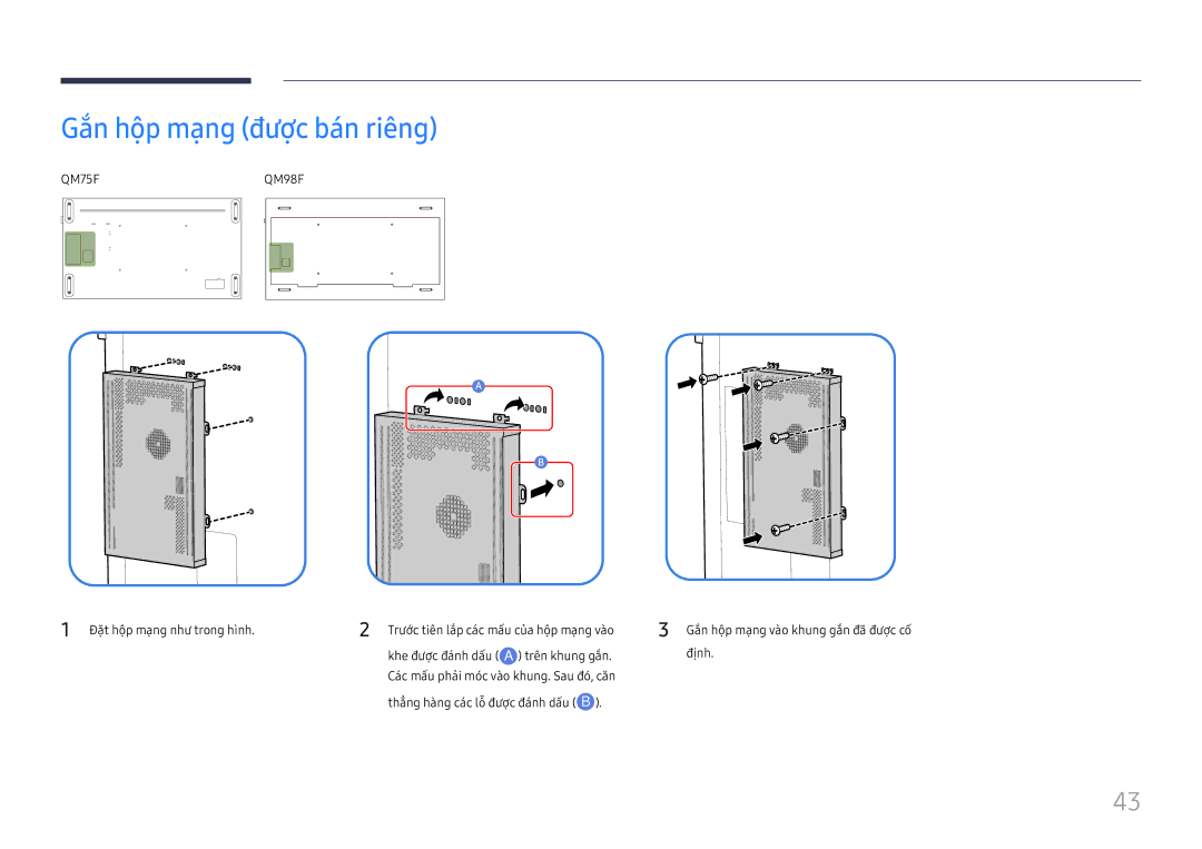 Samsung LH75QMFPLGC/XV, LH98QMFPBGC/XV, LH98QMFPLGC/XV manual Gắn hộp mạng được ban riêng, QM75FQM98F 